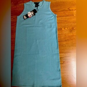 Andrea Jovine Blue Sheath Midi Dress Mock Neck Sleeveless